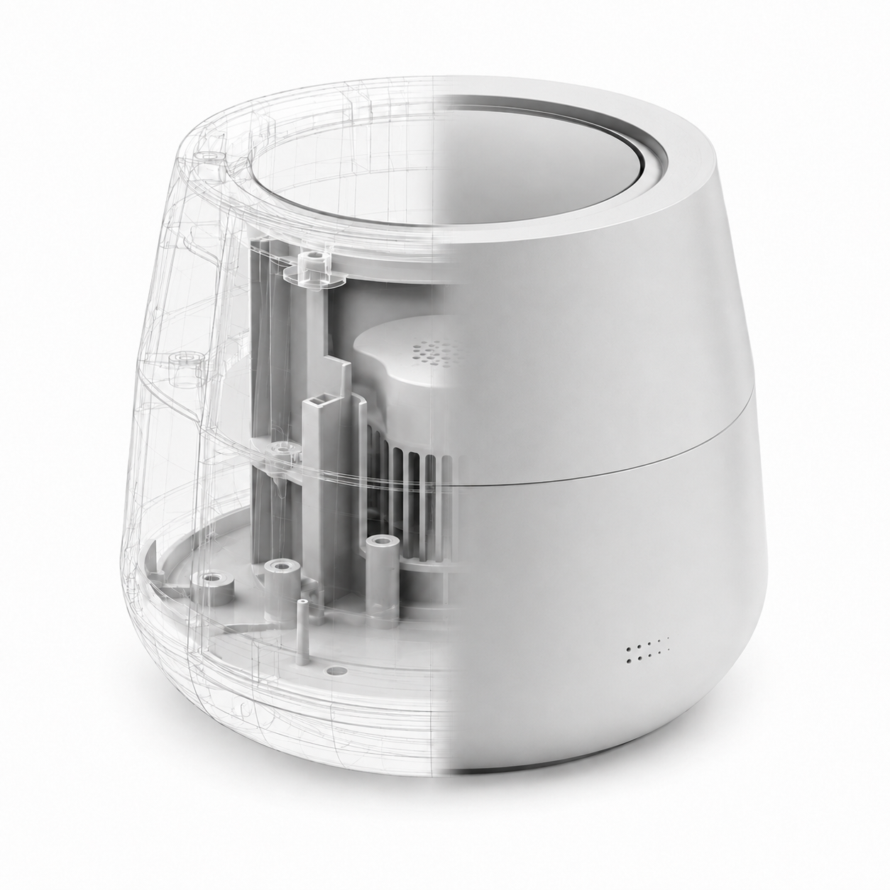 Manufactured product enclosure shown as both a technical wireframe and finished component